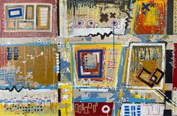 STNS03, collage et peinture de Rodolphe Héraud évoquant la ville, 120 × 80 cm