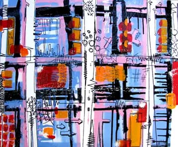 ST02, petit format abstrait d’architecture stylisée de Rodolphe Héraud, 40 × 33 cm