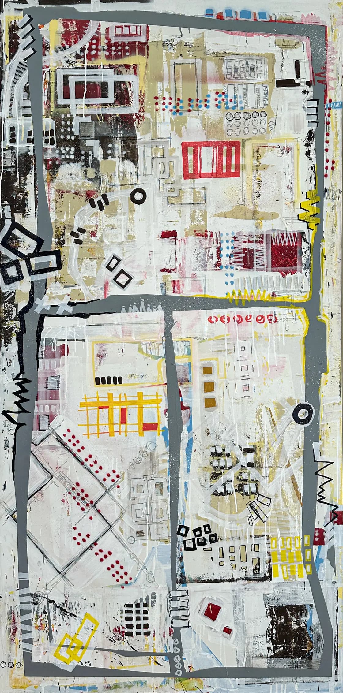 STNS01, carte urbaine abstraite de Rodolphe Héraud aux points rouges et motifs géométriques, 97 × 195 cm