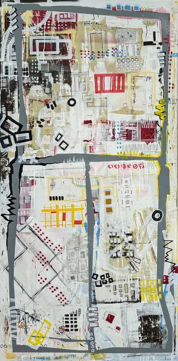 STNS01, carte urbaine abstraite de Rodolphe Héraud aux points rouges et motifs géométriques, 97 × 195 cm