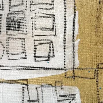 Détails de STNS01, points rouges, carrés jaunes et lignes noires dans une abstraction architecturale – détail 3 (STNS01)