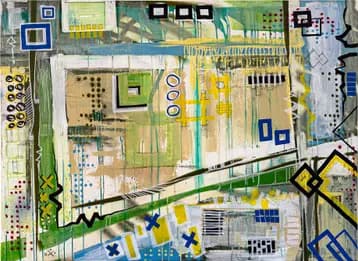 STNS02, peinture abstraite de ville aux formes vertes et bleues de Rodolphe Héraud, 130 × 96 cm