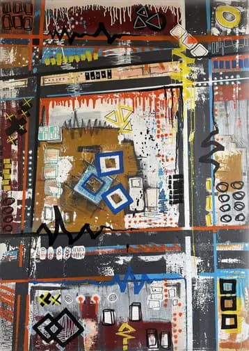 STNS04, paysage urbain abstrait et motifs graphiques de Rodolphe Héraud, 89 × 130 cm