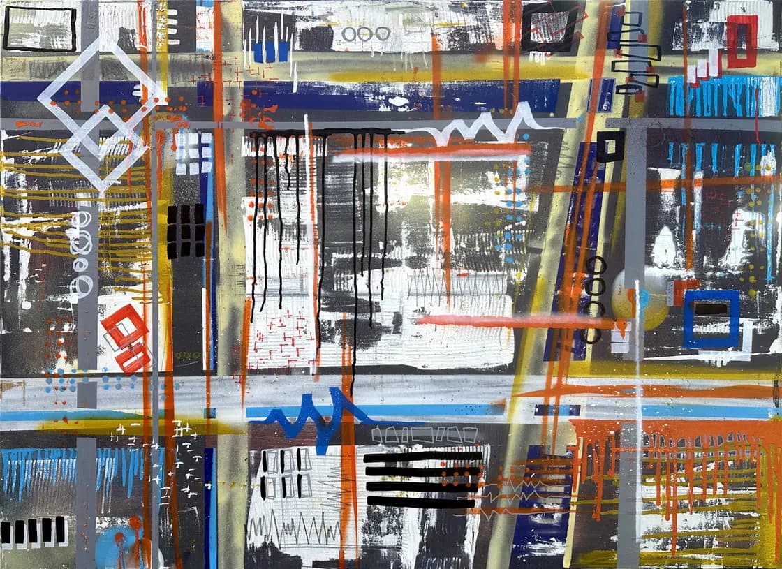 STNS07, peinture abstraite urbaine aux coulures noires et accents orange de Rodolphe Héraud, 130 × 96 cm