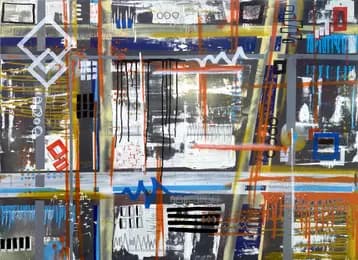 STNS07, peinture abstraite urbaine aux coulures noires et accents orange de Rodolphe Héraud, 130 × 96 cm