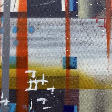 Détails de la peinture abstraite STNS07 de Rodolphe Héraud, coulures, losanges et motifs géométriques urbains – détail 1 (STNS07)