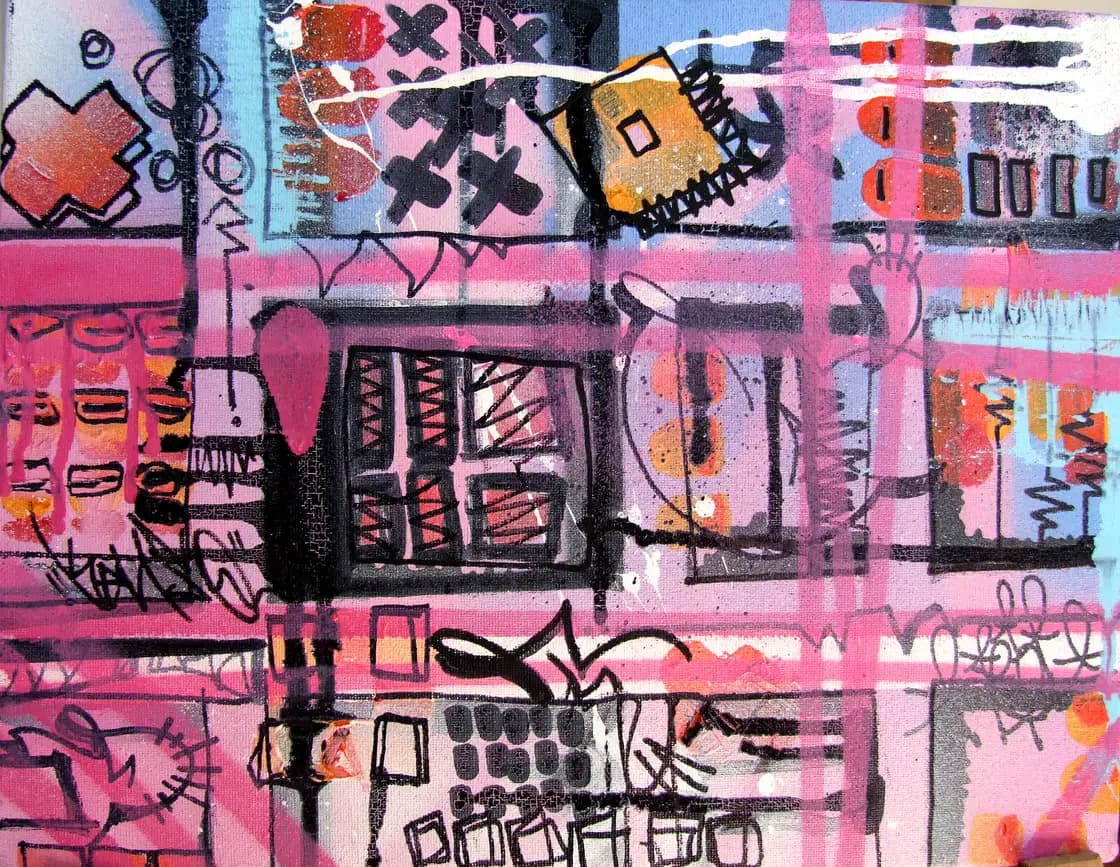 ST12, œuvre de Rodolphe Héraud mêlant structures de la ville et street-art, 33 × 40 cm