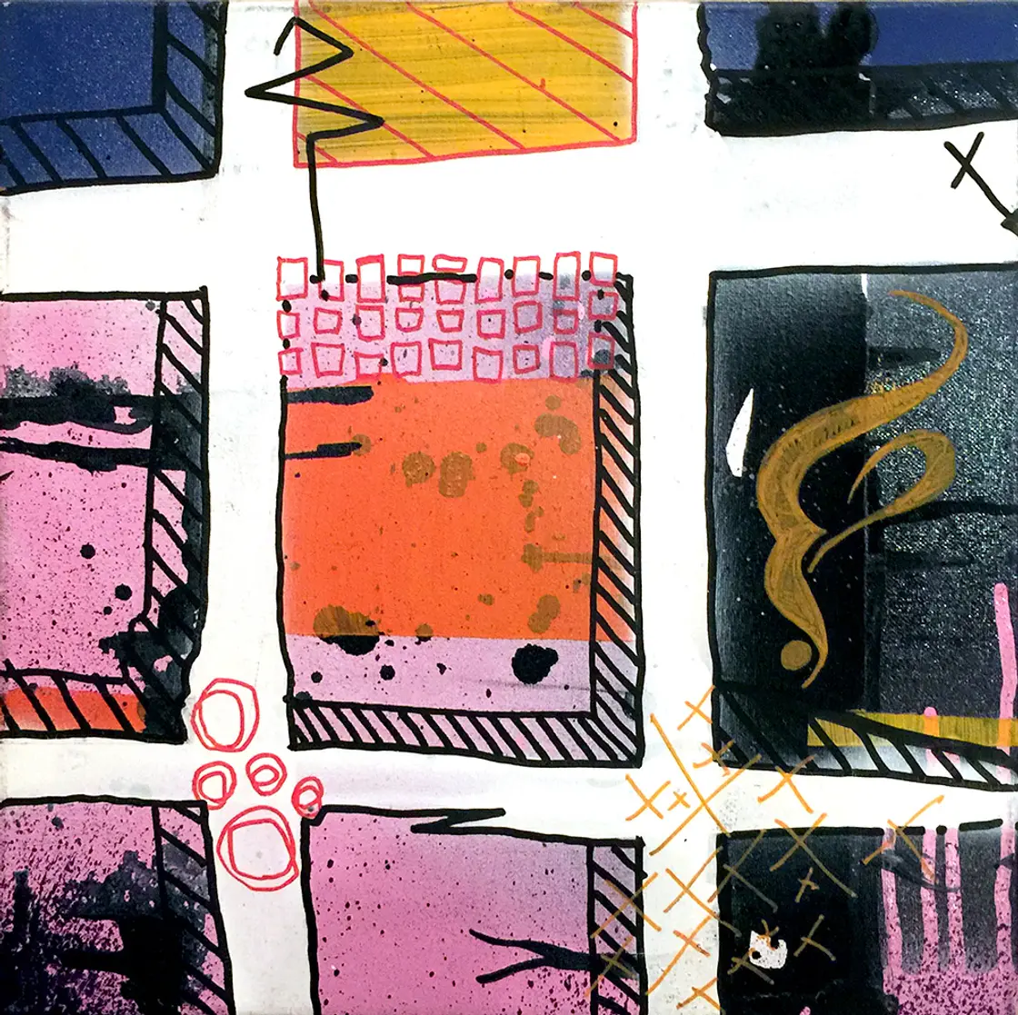 ST27, petit tableau abstrait géométrique de Rodolphe Héraud, 30 × 30 cm